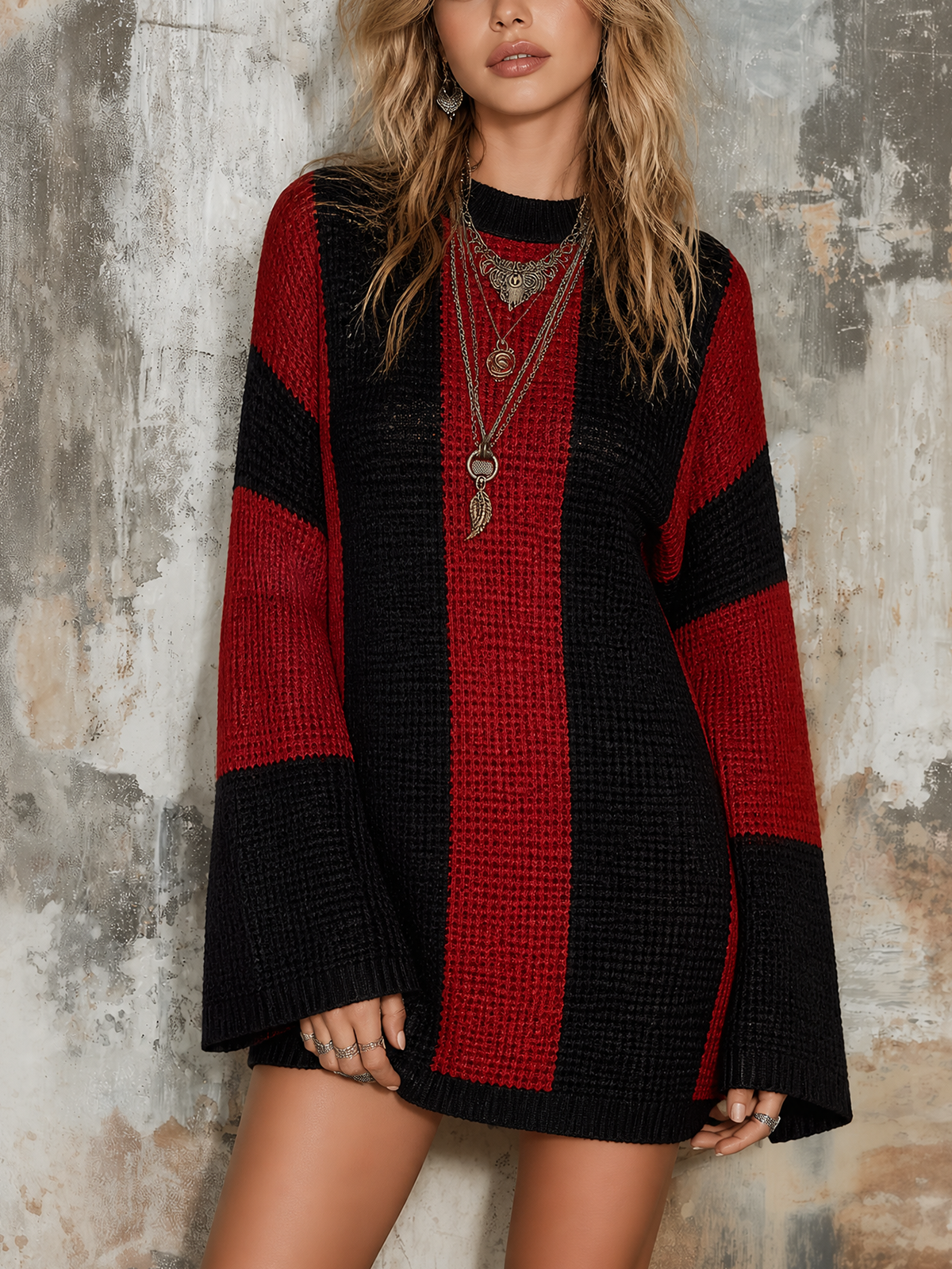 ElevenOra Chic Casual Black-Red Colorblock Round-Neck Flare Long-Sleeve Loose-Fit Knit Mini Dress