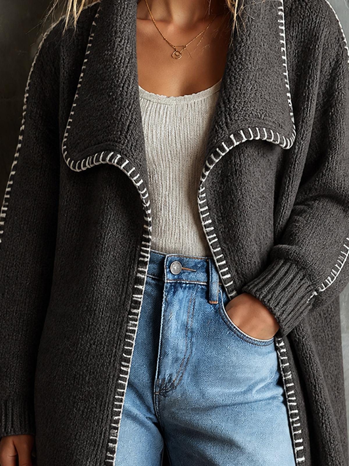 ElevenOra Chic Casual Dark Grey Shawl Lapel Collar Contrast Topstitching Long-Sleeve Loose-Fit Knit Cardigan