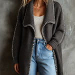 ElevenOra Chic Casual Dark Grey Shawl Lapel Collar Contrast Topstitching Long-Sleeve Loose-Fit Knit Cardigan