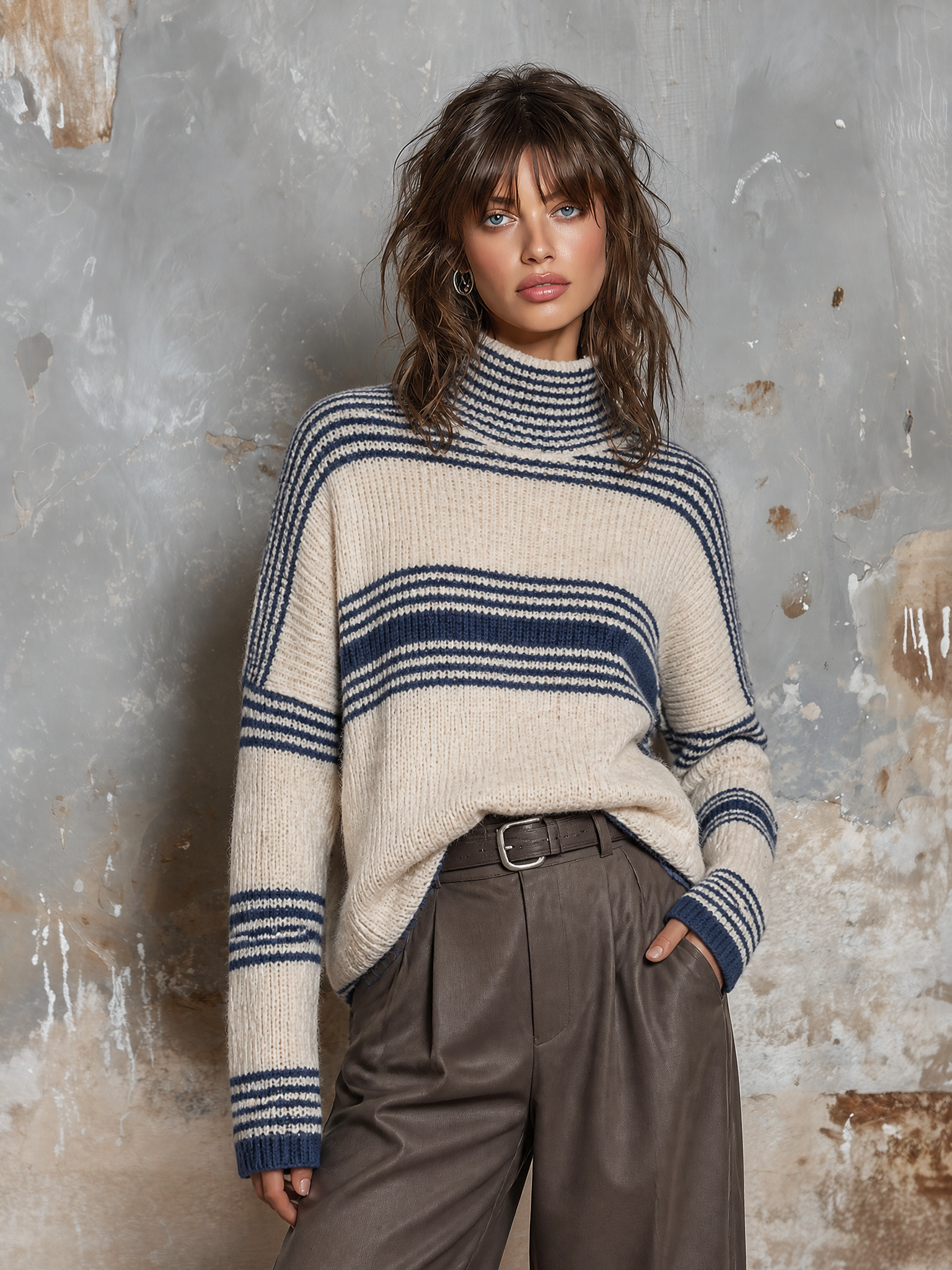 ElevenOra Chic Casual Oatmeal-Navy Blue Stripes Turtleneck Dropped-Shoulder Long-Sleeve Loose-Fit Knit Sweater