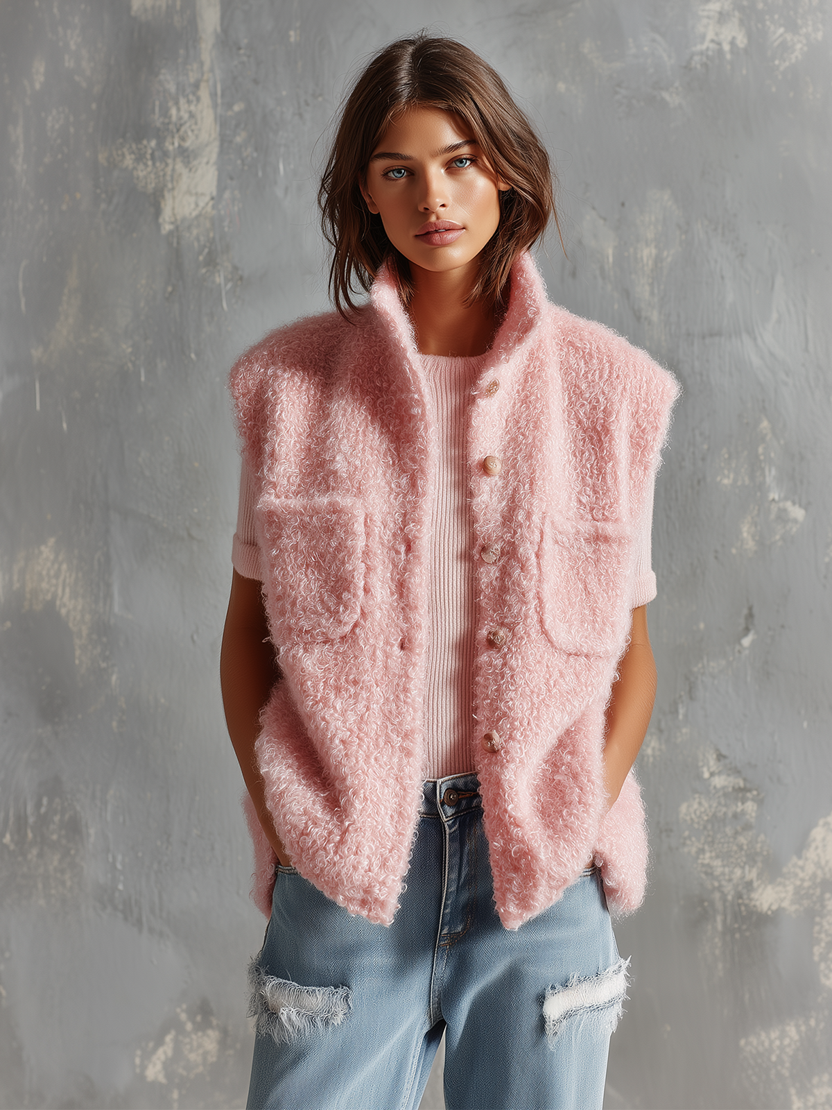 ElevenOra Chic Casual Pink Stand Collar Single-Breasted Patch Pocket Sleeveless Loose-Fit Fuzzy Curly Knit Vest Top