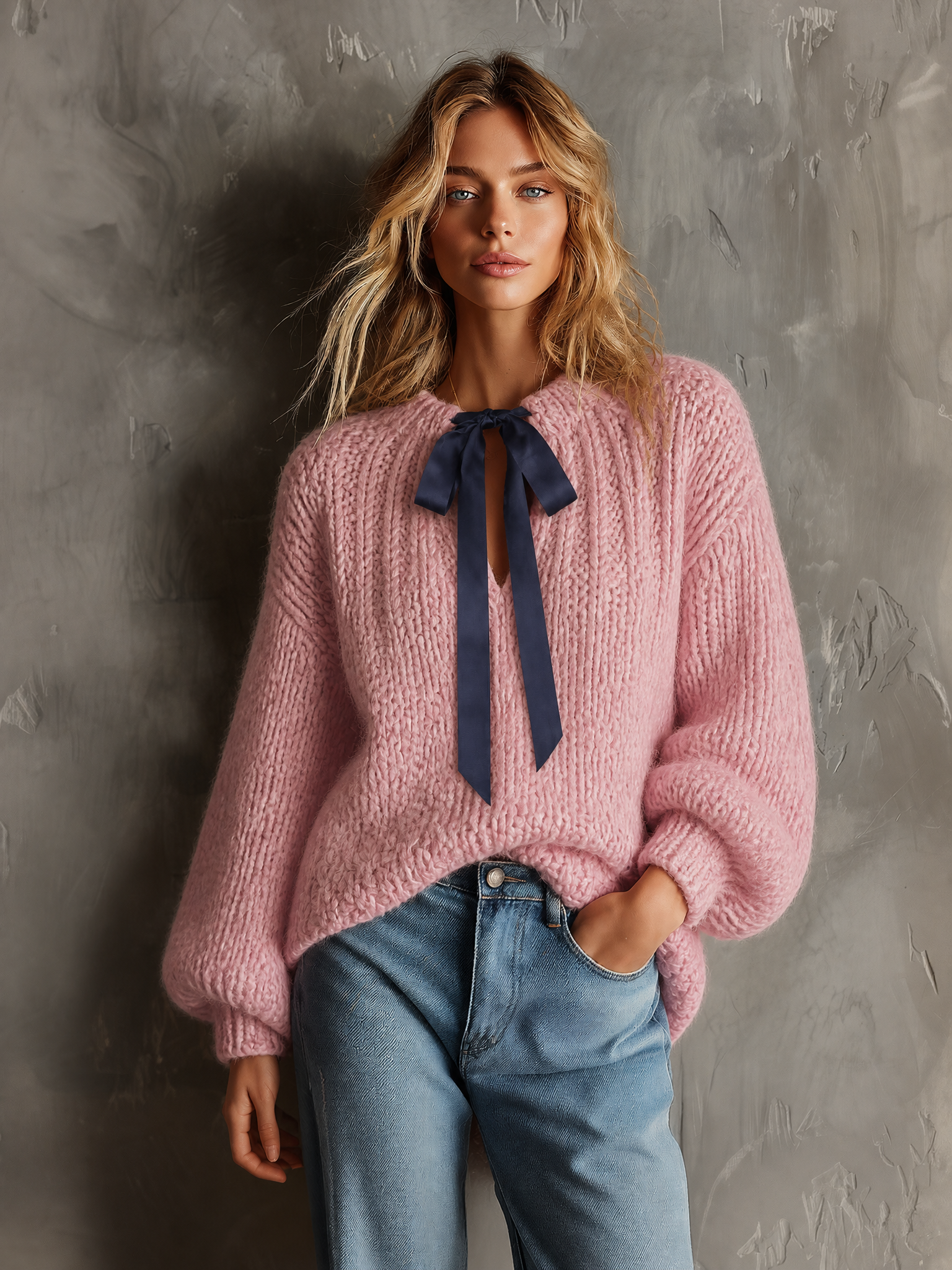 ElevenOra Chic Casual Dusty Pink Contrast Satin Bow Tie Neck Dropped-Shoulder Long-Sleeve Loose-Fit Chunky Knit Sweater