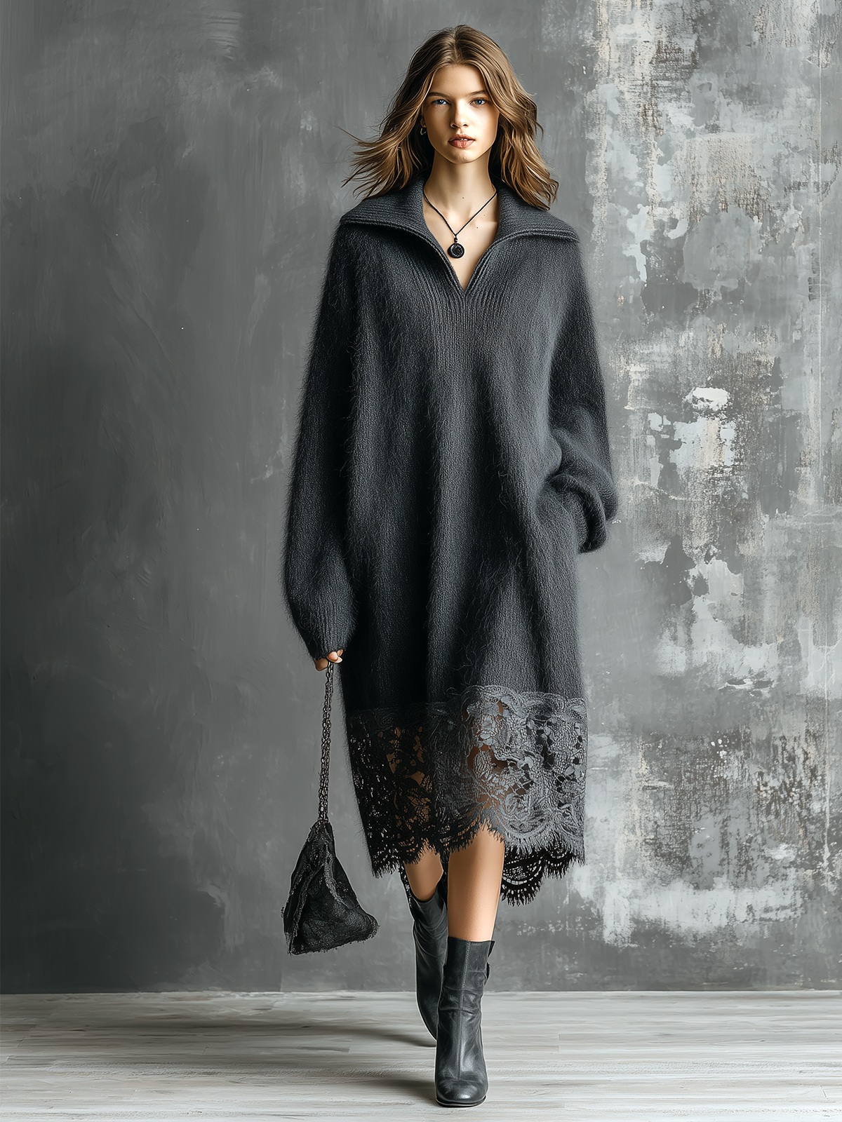 ElevenOra Chic Casual Charcoal Grey Lapel-Collar V-Neck Lace Hem Long-Sleeve Loose-Fit Fuzzy Knit Midi Dress