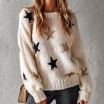 ElevenOra Chic Casual Beige Star Jacquard Round-Neck Dropped-Shoulder Long-Sleeve Loose-Fit Wool Blend Knit Sweater