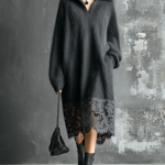 ElevenOra Chic Casual Charcoal Grey Lapel-Collar V-Neck Lace Hem Long-Sleeve Loose-Fit Fuzzy Knit Midi Dress