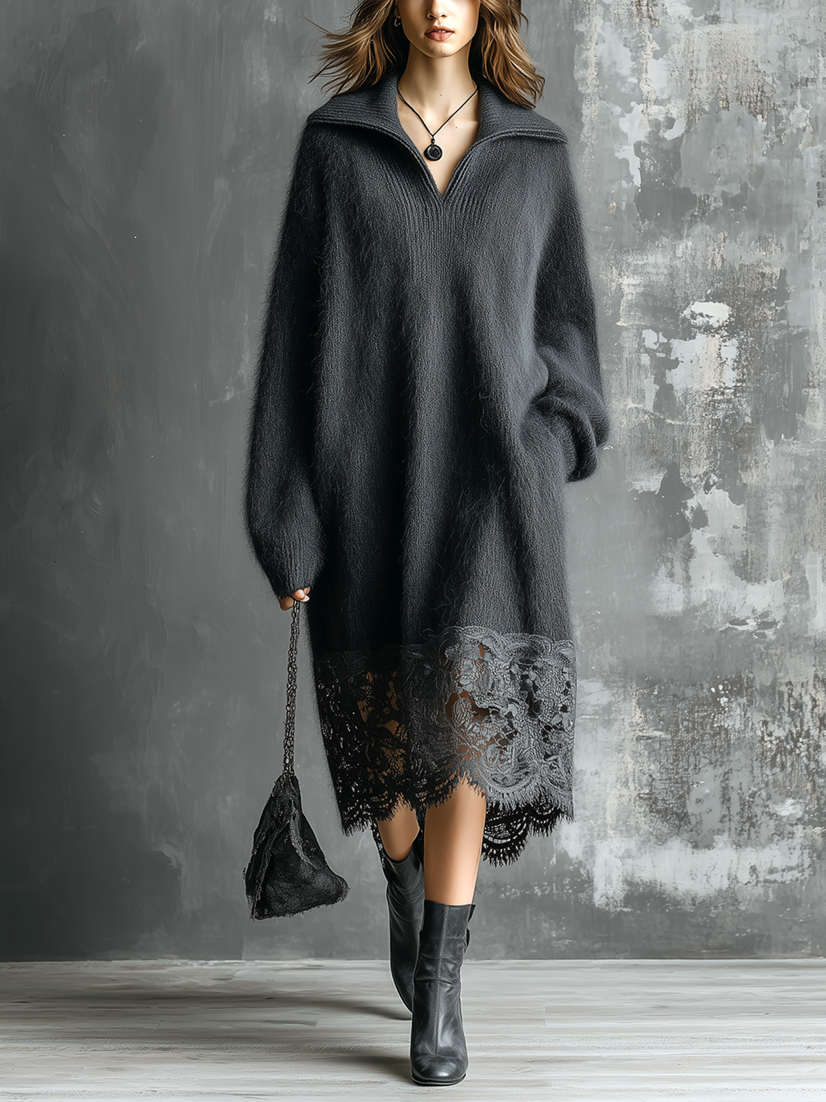 ElevenOra Chic Casual Charcoal Grey Lapel-Collar V-Neck Lace Hem Long-Sleeve Loose-Fit Fuzzy Knit Midi Dress