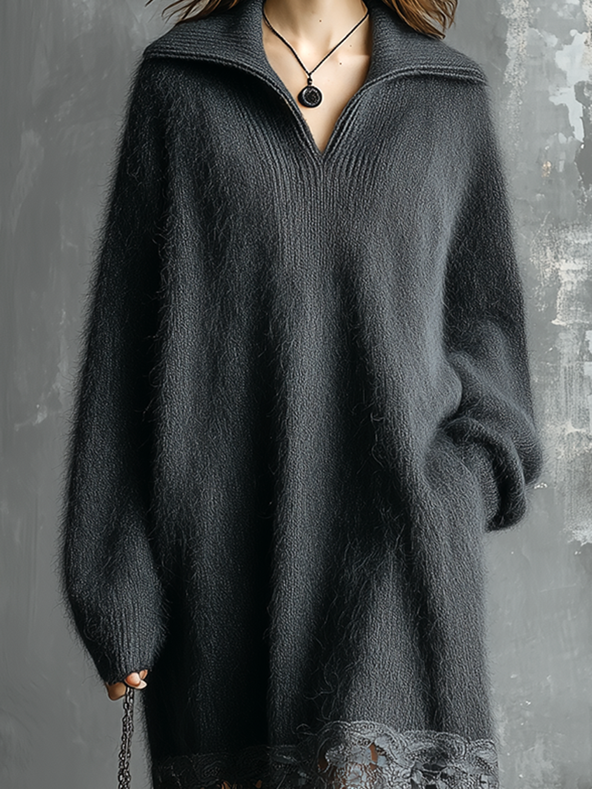 ElevenOra Chic Casual Charcoal Grey Lapel-Collar V-Neck Lace Hem Long-Sleeve Loose-Fit Fuzzy Knit Midi Dress