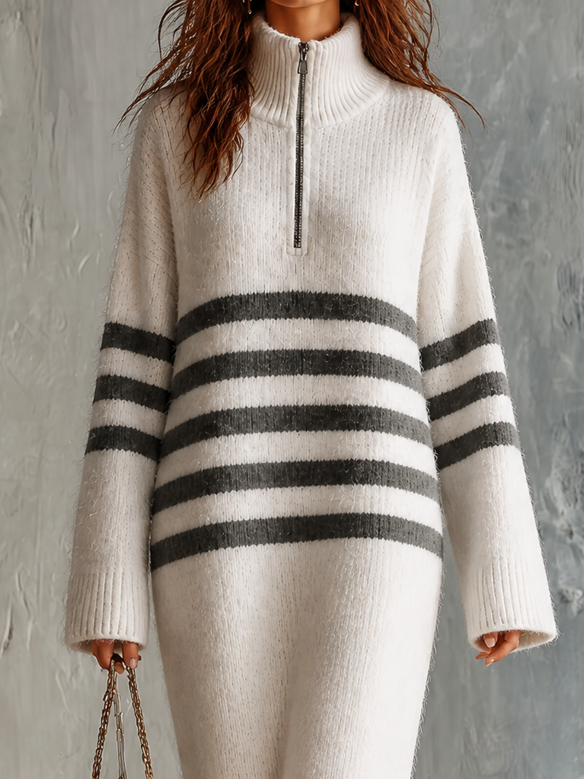 ElevenOra Chic Casual Off‑White Turtleneck Half‑Zip Grey Stripes Long-Sleeve Loose-Fit Knit Maxi Dress