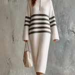 ElevenOra Chic Casual Off‑White Turtleneck Half‑Zip Grey Stripes Long-Sleeve Loose-Fit Knit Maxi Dress