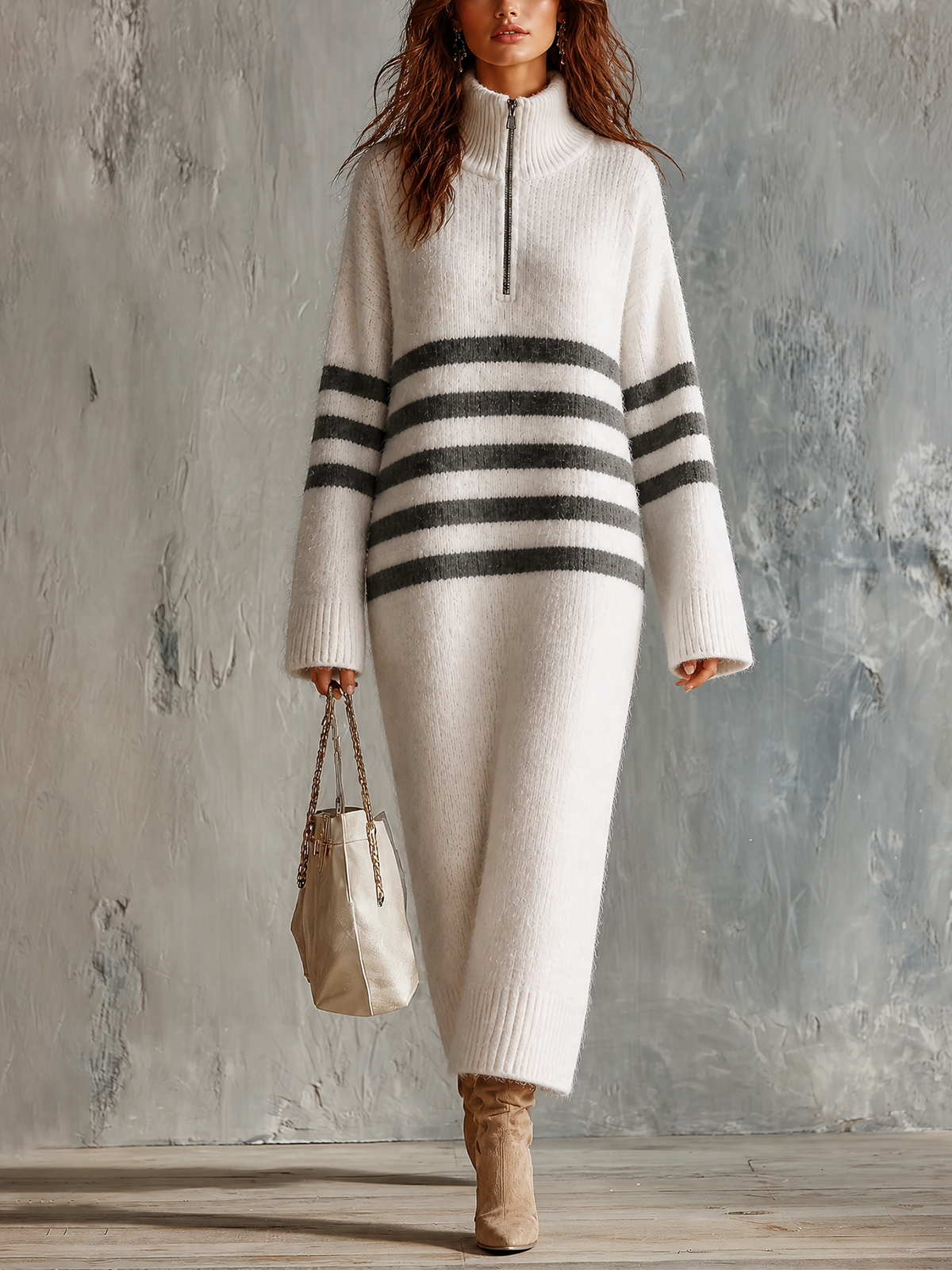 ElevenOra Chic Casual Off‑White Turtleneck Half‑Zip Grey Stripes Long-Sleeve Loose-Fit Knit Maxi Dress