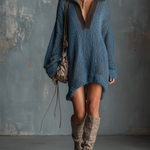 ElevenOra Chic Casual Vintage Blue Lapel Collar V-Neck Contrast Brown Trim Long-Sleeve Asymmetrical Hem Loose-Fit Knit Mini Dress