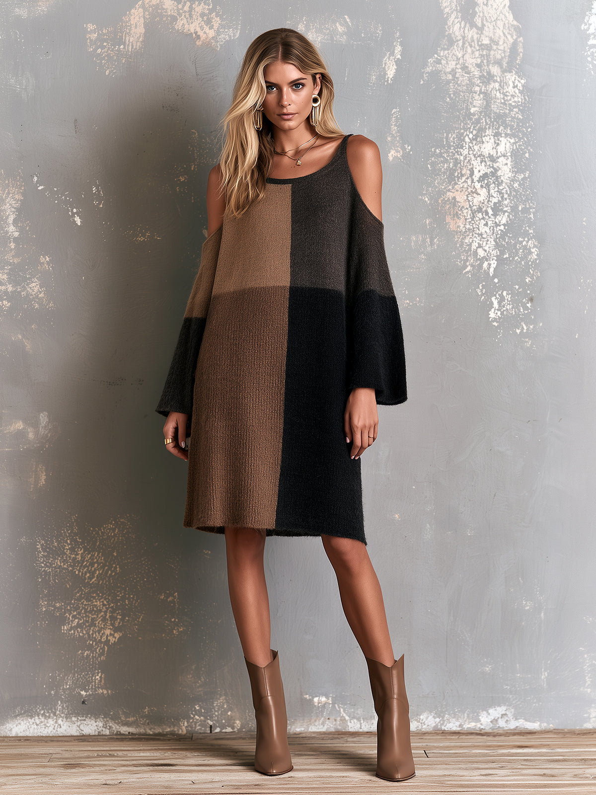 ElevenOra Chic Elegant Black-Brown Colorblock Round-Neck Long-Flare-Sleeve Shoulder Cutout Detail A-Line Wool Blend Knit Midi Dress