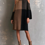 ElevenOra Chic Elegant Black-Brown Colorblock Round-Neck Long-Flare-Sleeve Shoulder Cutout Detail A-Line Wool Blend Knit Midi Dress
