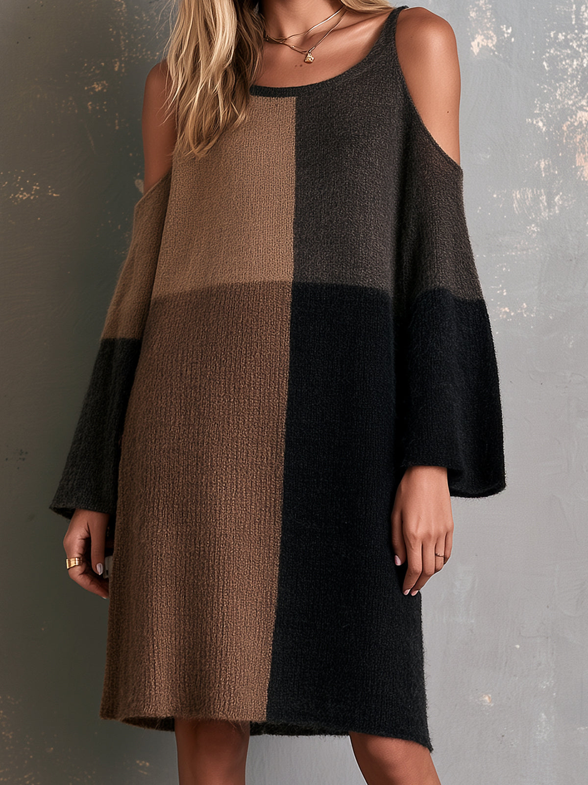 ElevenOra Chic Elegant Black-Brown Colorblock Round-Neck Long-Flare-Sleeve Shoulder Cutout Detail A-Line Wool Blend Knit Midi Dress