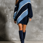 ElevenOra Chic Casual Navy Blue-Light Blue-White Colorblock Turtleneck Long-Sleeve Loose-Fit Knit Mini Dress