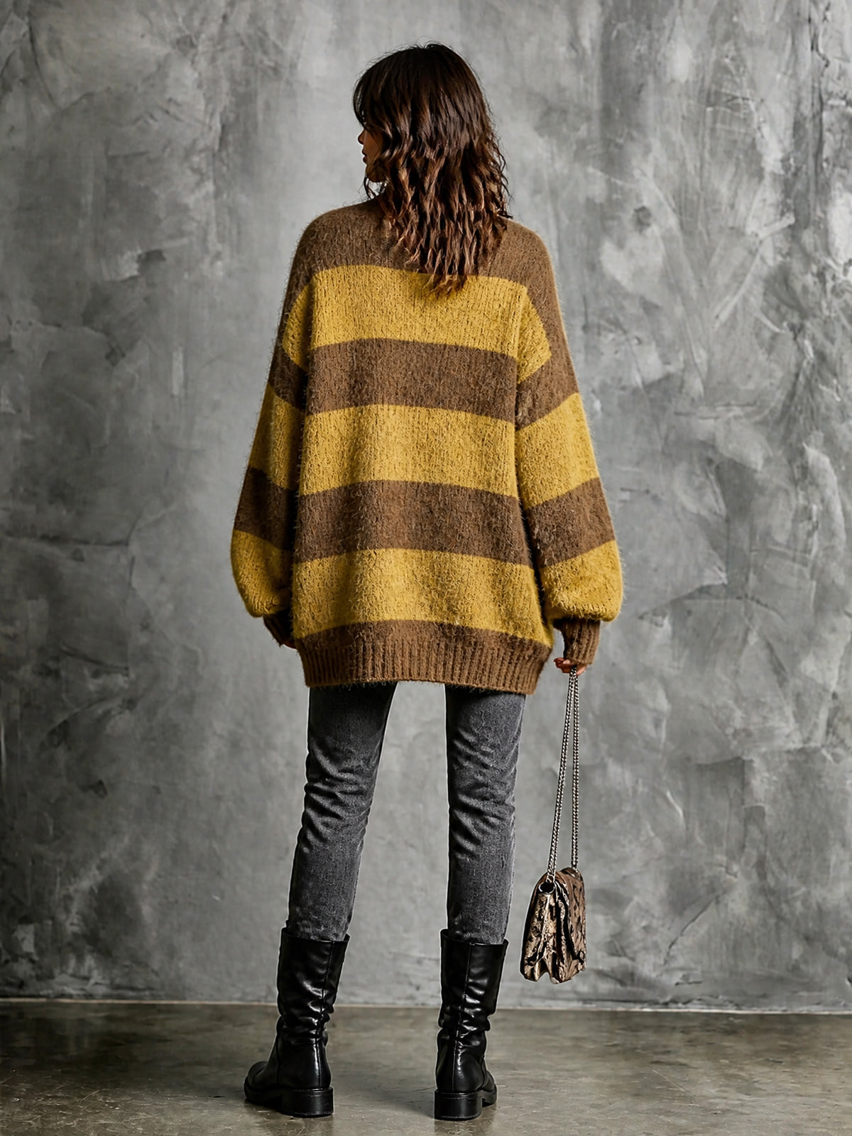 ElevenOra Chic Casual Brown-Yellow Colorblock Stripes Stand Collar Long-Sleeve Zipper-Front Oversized Wool Blend Knit Cardigan