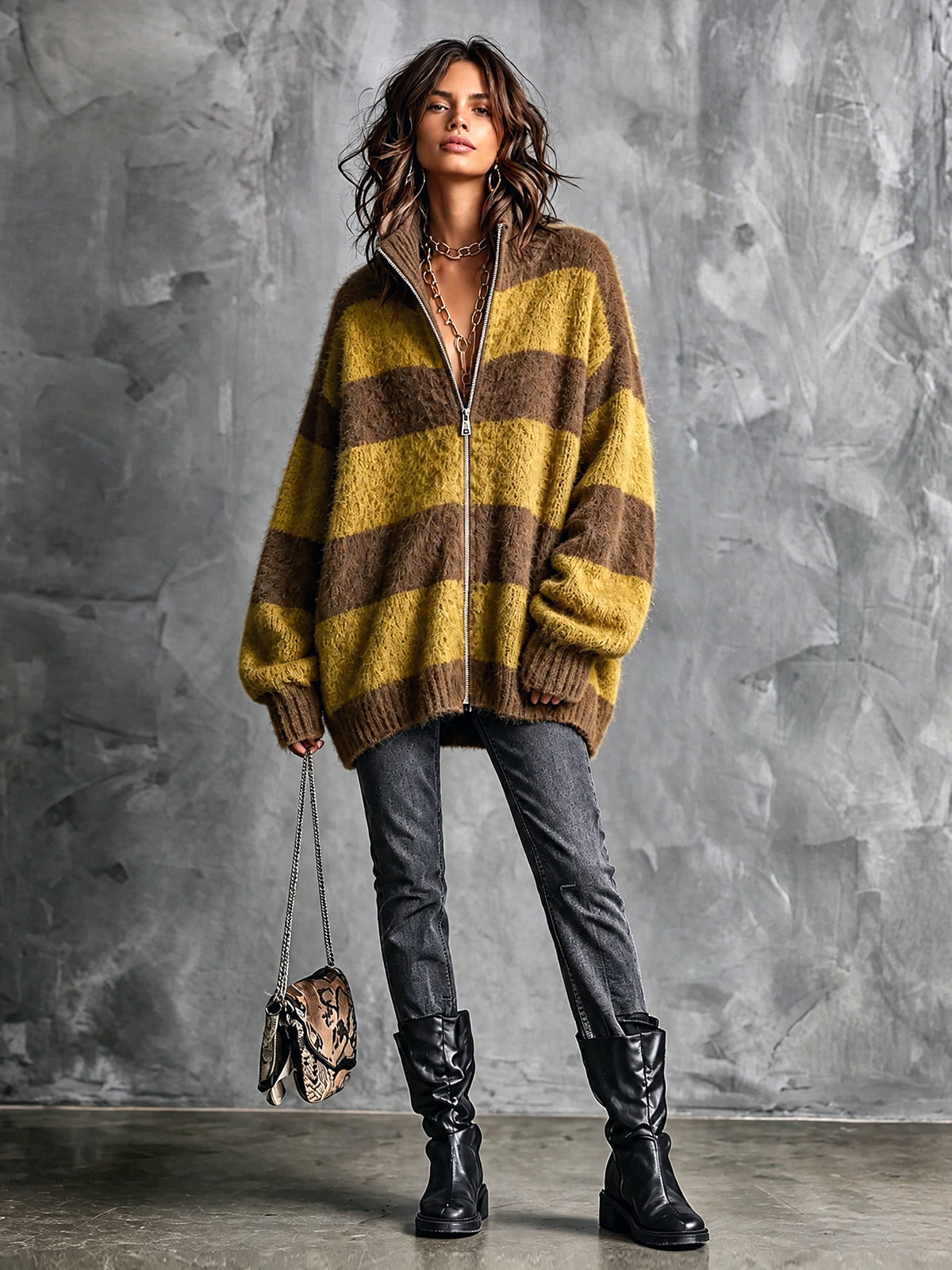 ElevenOra Chic Casual Brown-Yellow Colorblock Stripes Stand Collar Long-Sleeve Zipper-Front Oversized Wool Blend Knit Cardigan