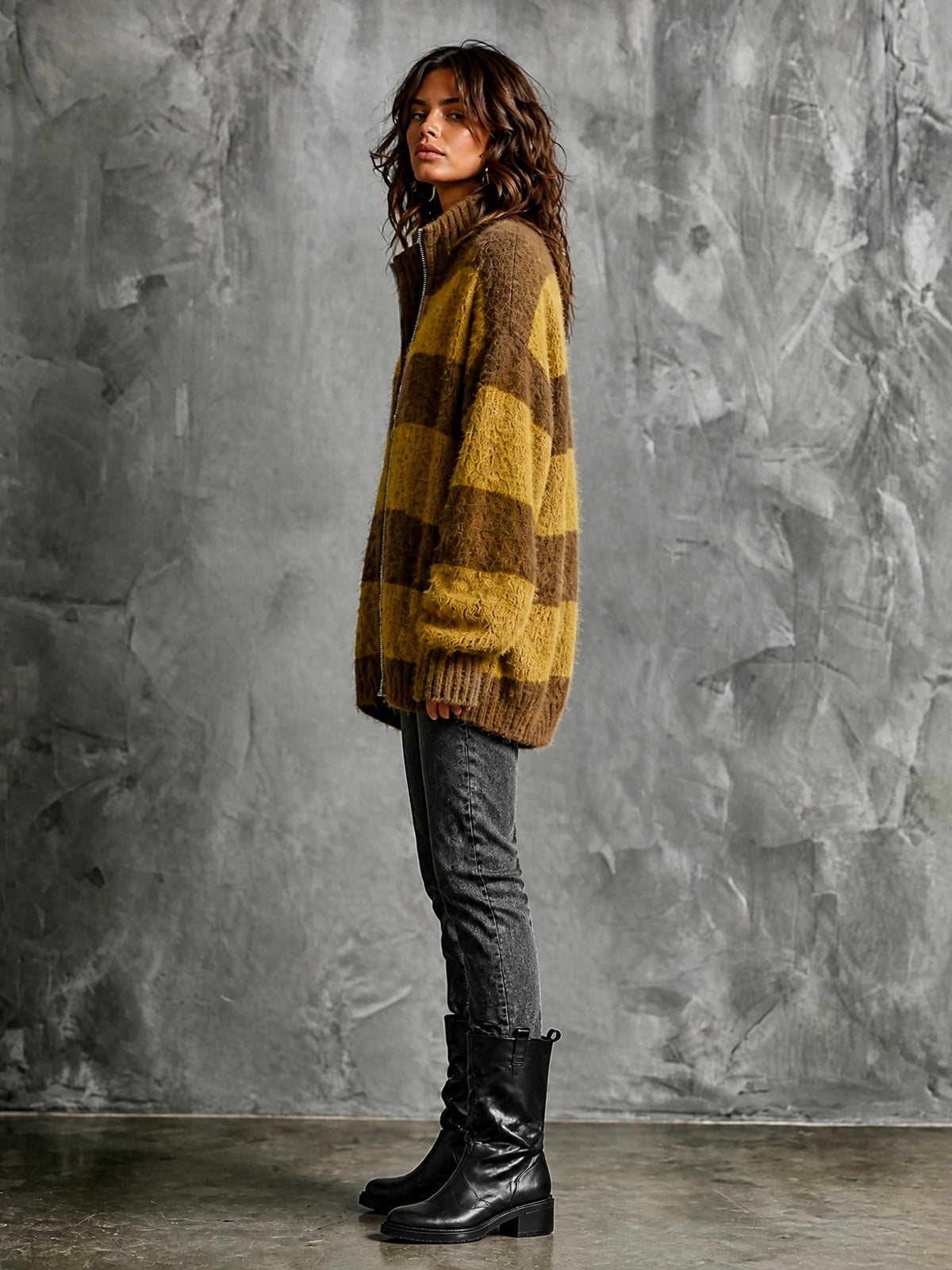 ElevenOra Chic Casual Brown-Yellow Colorblock Stripes Stand Collar Long-Sleeve Zipper-Front Oversized Wool Blend Knit Cardigan