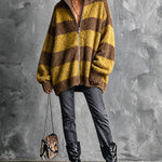 ElevenOra Chic Casual Brown-Yellow Colorblock Stripes Stand Collar Long-Sleeve Zipper-Front Oversized Wool Blend Knit Cardigan