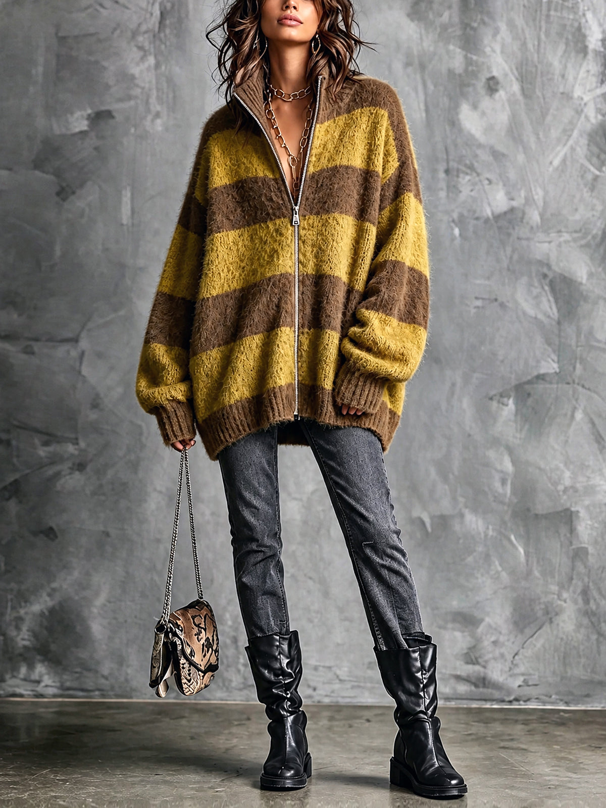 ElevenOra Chic Casual Brown-Yellow Colorblock Stripes Stand Collar Long-Sleeve Zipper-Front Oversized Wool Blend Knit Cardigan