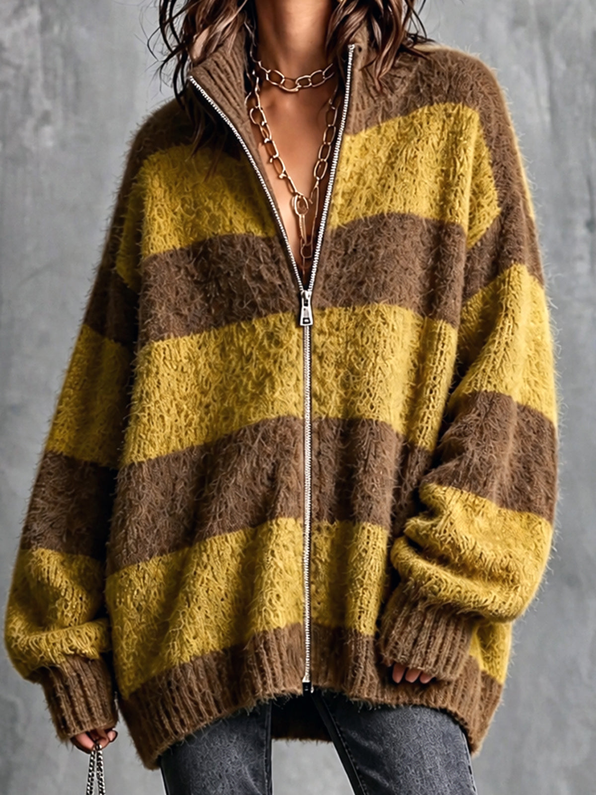 ElevenOra Chic Casual Brown-Yellow Colorblock Stripes Stand Collar Long-Sleeve Zipper-Front Oversized Wool Blend Knit Cardigan