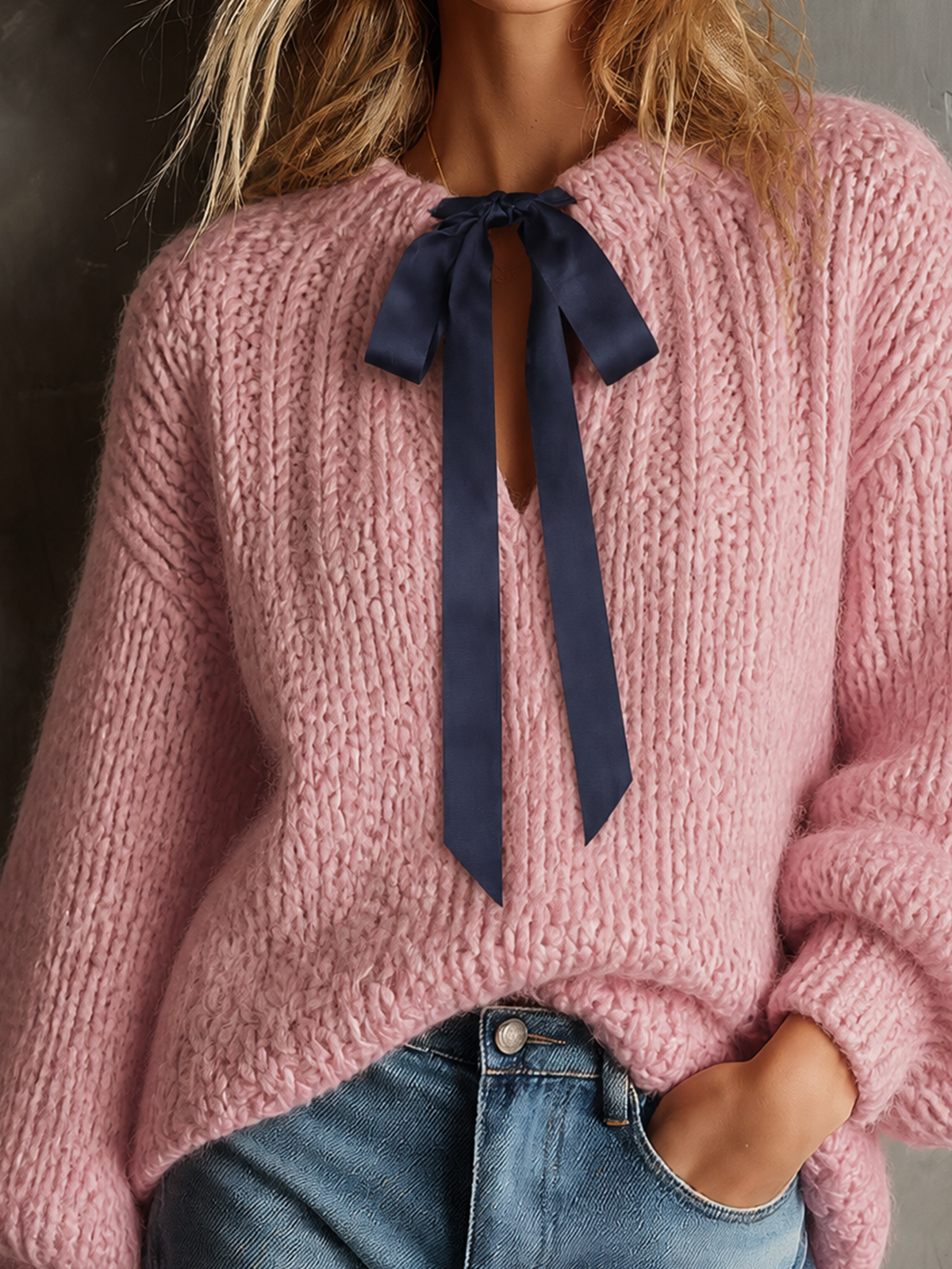 ElevenOra Chic Casual Dusty Pink Contrast Satin Bow Tie Neck Dropped-Shoulder Long-Sleeve Loose-Fit Chunky Knit Sweater