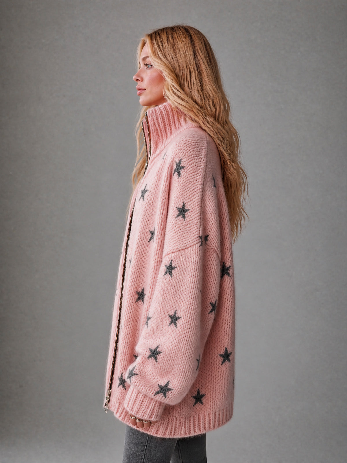 ElevenOra Chic Casual Pink-Black Stars Jacquard Stand Collar Long-Sleeve Zipper-Front Oversized Wool Blend Knit Cardigan