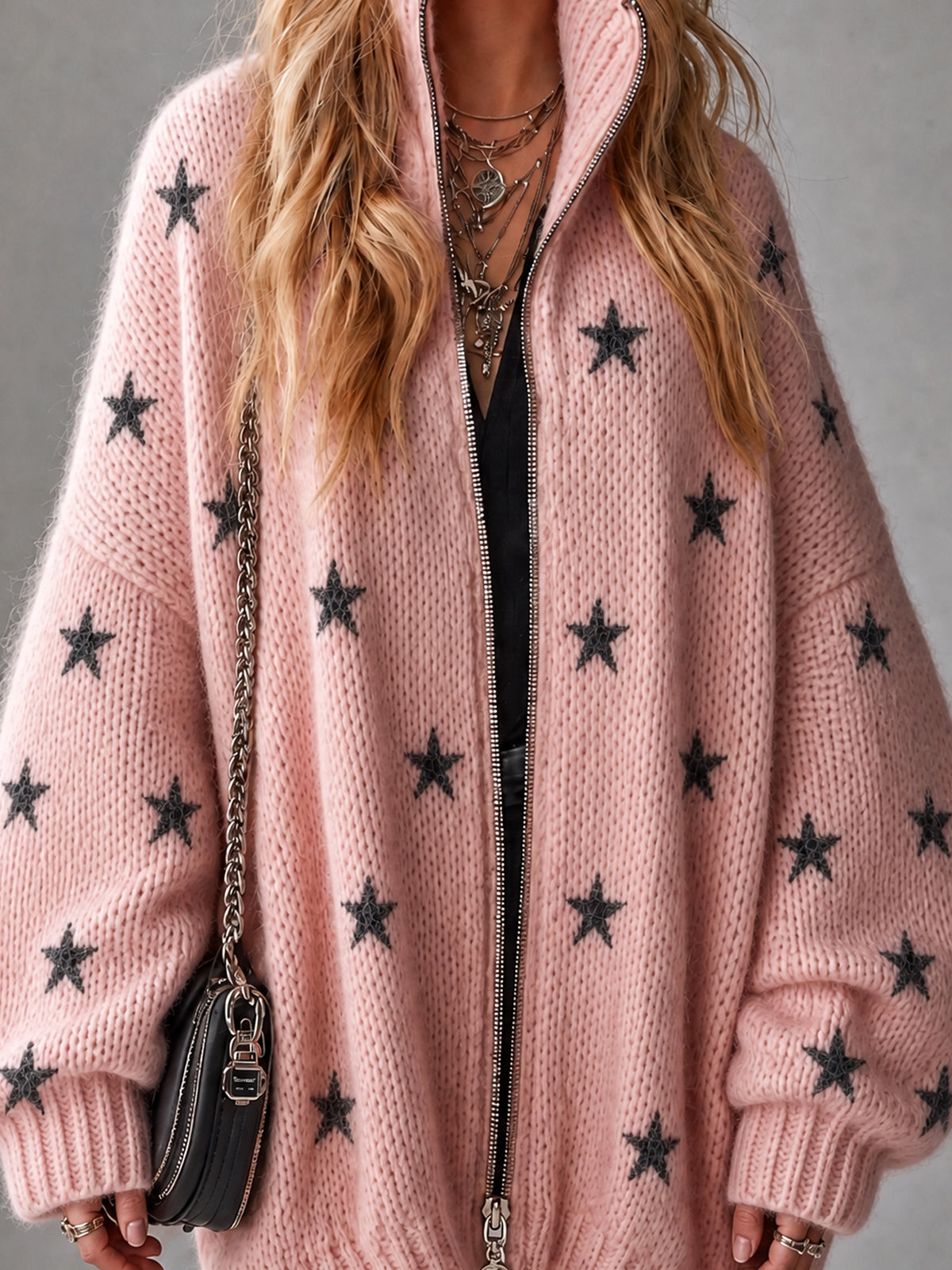 ElevenOra Chic Casual Pink-Black Stars Jacquard Stand Collar Long-Sleeve Zipper-Front Oversized Wool Blend Knit Cardigan