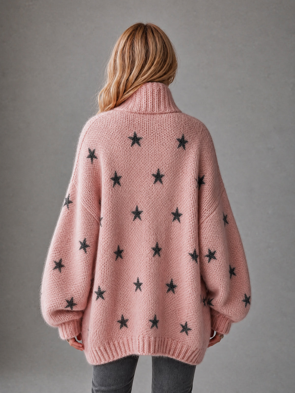 ElevenOra Chic Casual Pink-Black Stars Jacquard Stand Collar Long-Sleeve Zipper-Front Oversized Wool Blend Knit Cardigan