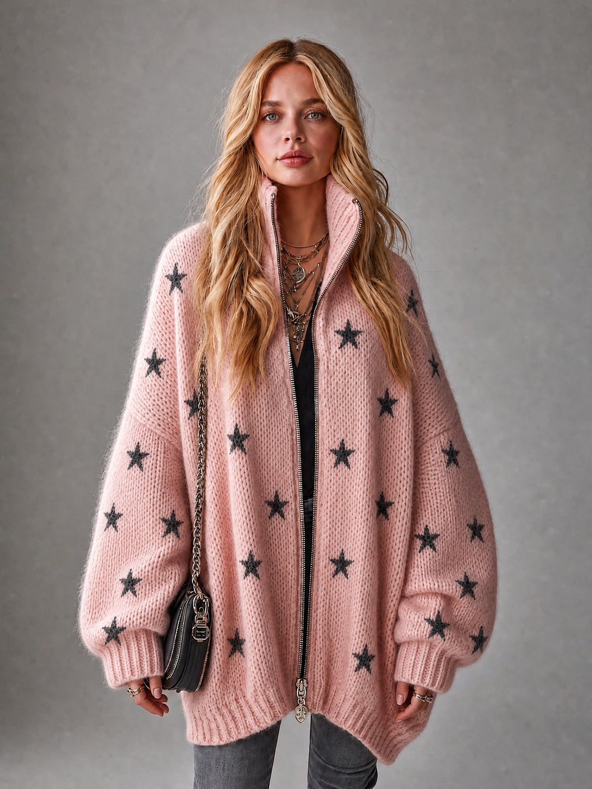 ElevenOra Chic Casual Pink-Black Stars Jacquard Stand Collar Long-Sleeve Zipper-Front Oversized Wool Blend Knit Cardigan