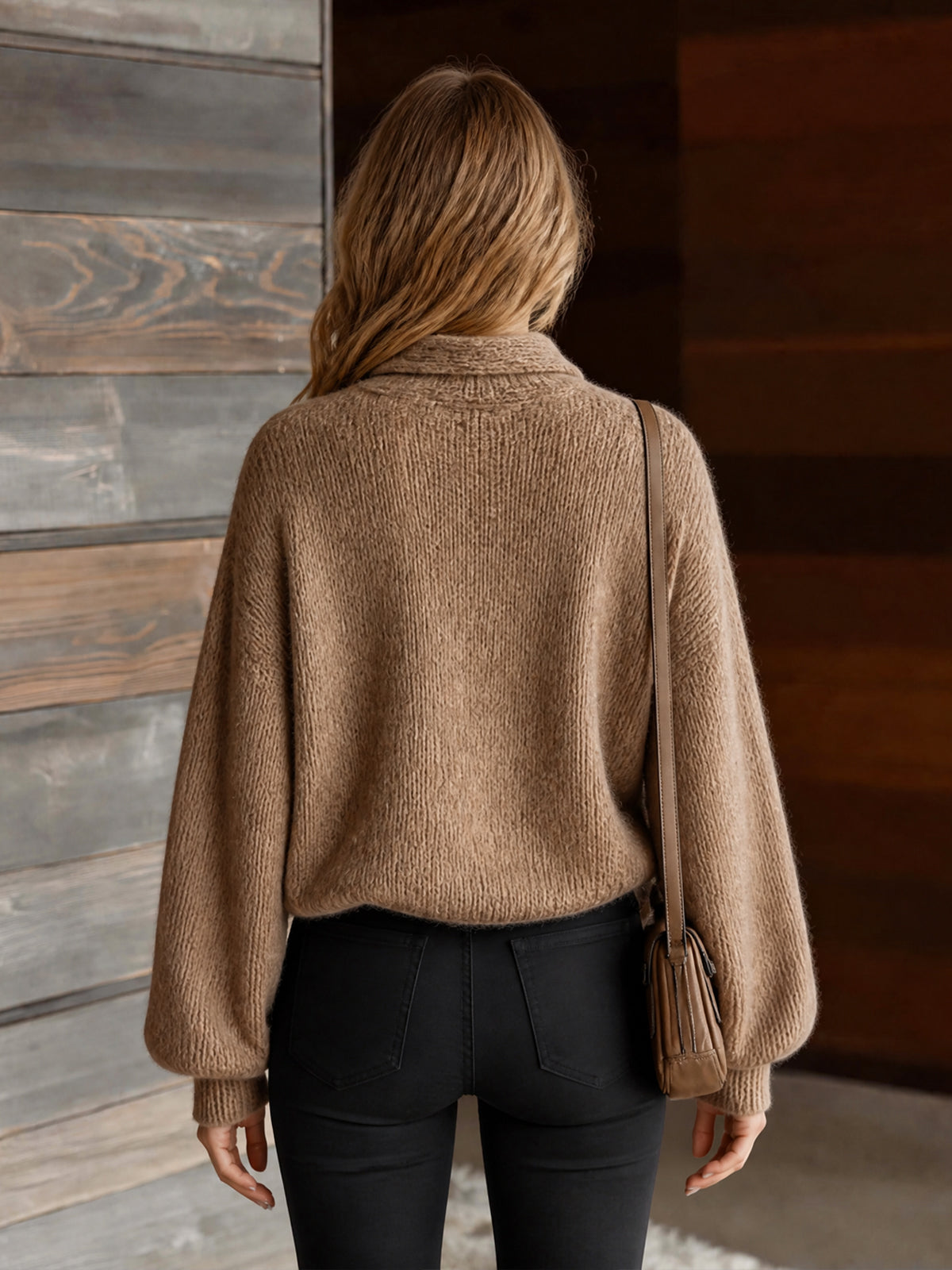 ElevenOra Chic Elegant Camel Lapel Button-Front Long-Sleeve Cross-Front Ruched Detail Loose-Fit Wool Blend Knit Sweater