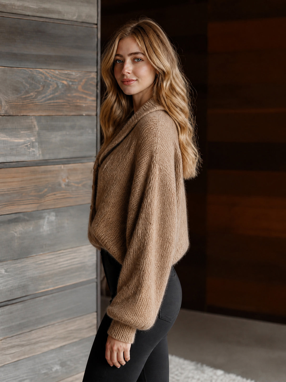 ElevenOra Chic Elegant Camel Lapel Button-Front Long-Sleeve Cross-Front Ruched Detail Loose-Fit Wool Blend Knit Sweater