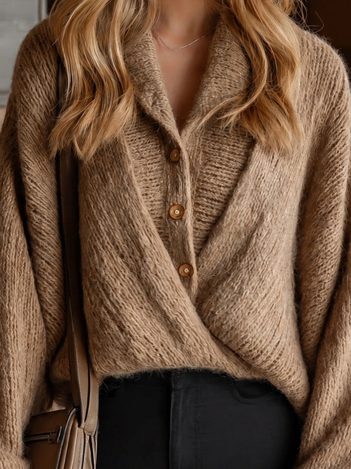 ElevenOra Chic Elegant Camel Lapel Button-Front Long-Sleeve Cross-Front Ruched Detail Loose-Fit Wool Blend Knit Sweater