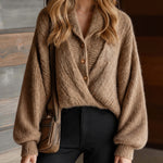 ElevenOra Chic Elegant Camel Lapel Button-Front Long-Sleeve Cross-Front Ruched Detail Loose-Fit Wool Blend Knit Sweater