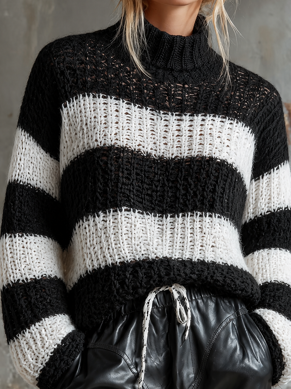 ElevenOra Chic Casual Black-White Stripes Turtleneck Dropped-Shoulder Long-Sleeve Loose-Fit Knit Sweater