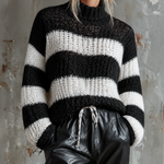 ElevenOra Chic Casual Black-White Stripes Turtleneck Dropped-Shoulder Long-Sleeve Loose-Fit Knit Sweater