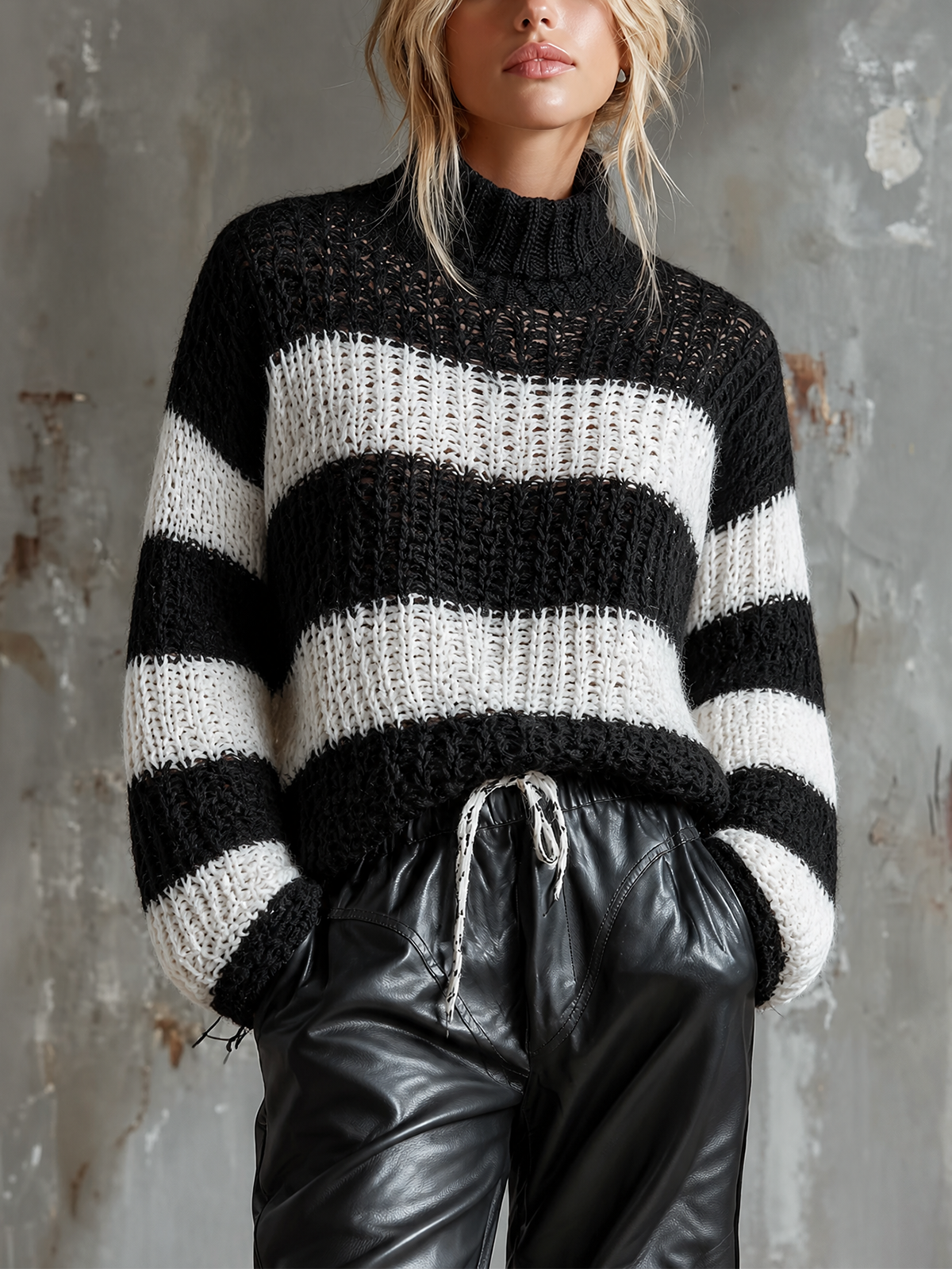 ElevenOra Chic Casual Black-White Stripes Turtleneck Dropped-Shoulder Long-Sleeve Loose-Fit Knit Sweater