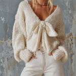 ElevenOra Chic Casual Off-White V‑Neck Front Bow Tie Dropped-Shoulder Long-Sleeve Loose-Fit Chunky Knit Sweater