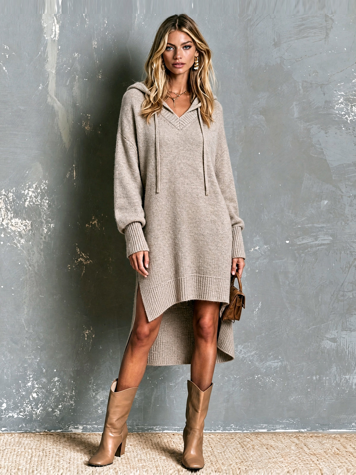 ElevenOra Chic Elegant Beige-Gray Hooded Collar Long-Sleeve Side Slit Ribbed Detail Loose-Fit Wool Blend Knit Midi Dress