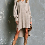 ElevenOra Chic Elegant Beige-Gray Hooded Collar Long-Sleeve Side Slit Ribbed Detail Loose-Fit Wool Blend Knit Midi Dress