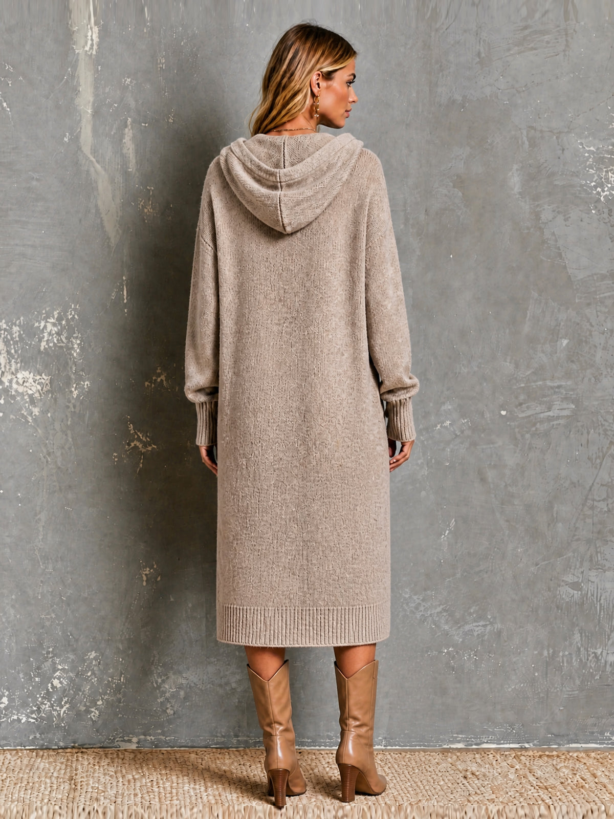 ElevenOra Chic Elegant Beige-Gray Hooded Collar Long-Sleeve Side Slit Ribbed Detail Loose-Fit Wool Blend Knit Midi Dress