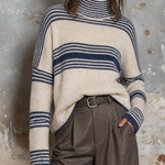 ElevenOra Chic Casual Oatmeal-Navy Blue Stripes Turtleneck Dropped-Shoulder Long-Sleeve Loose-Fit Knit Sweater