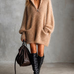 ElevenOra Chic Elegant Camel Zipper-Up Stand Collar Long-Lantern-Sleeve Patch Pockets Oversized Mohair Blend Knit Mini Dress