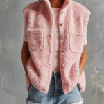 ElevenOra Chic Casual Pink Stand Collar Single-Breasted Patch Pocket Sleeveless Loose-Fit Fuzzy Curly Knit Vest Top