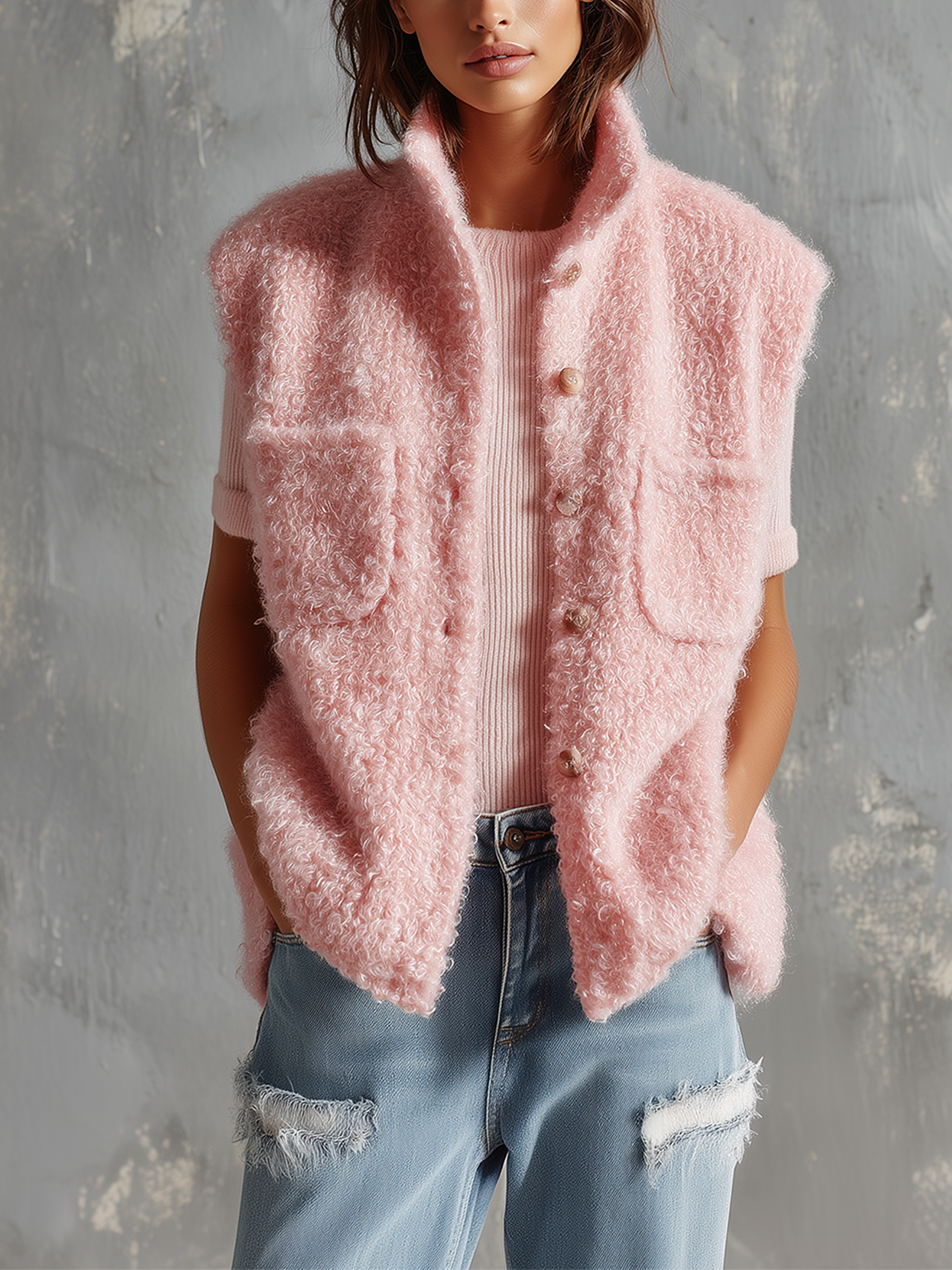 ElevenOra Chic Casual Pink Stand Collar Single-Breasted Patch Pocket Sleeveless Loose-Fit Fuzzy Curly Knit Vest Top