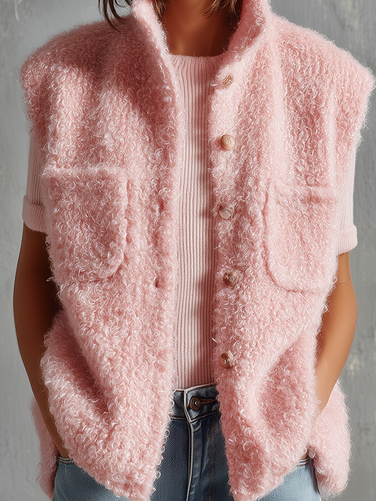 ElevenOra Chic Casual Pink Stand Collar Single-Breasted Patch Pocket Sleeveless Loose-Fit Fuzzy Curly Knit Vest Top