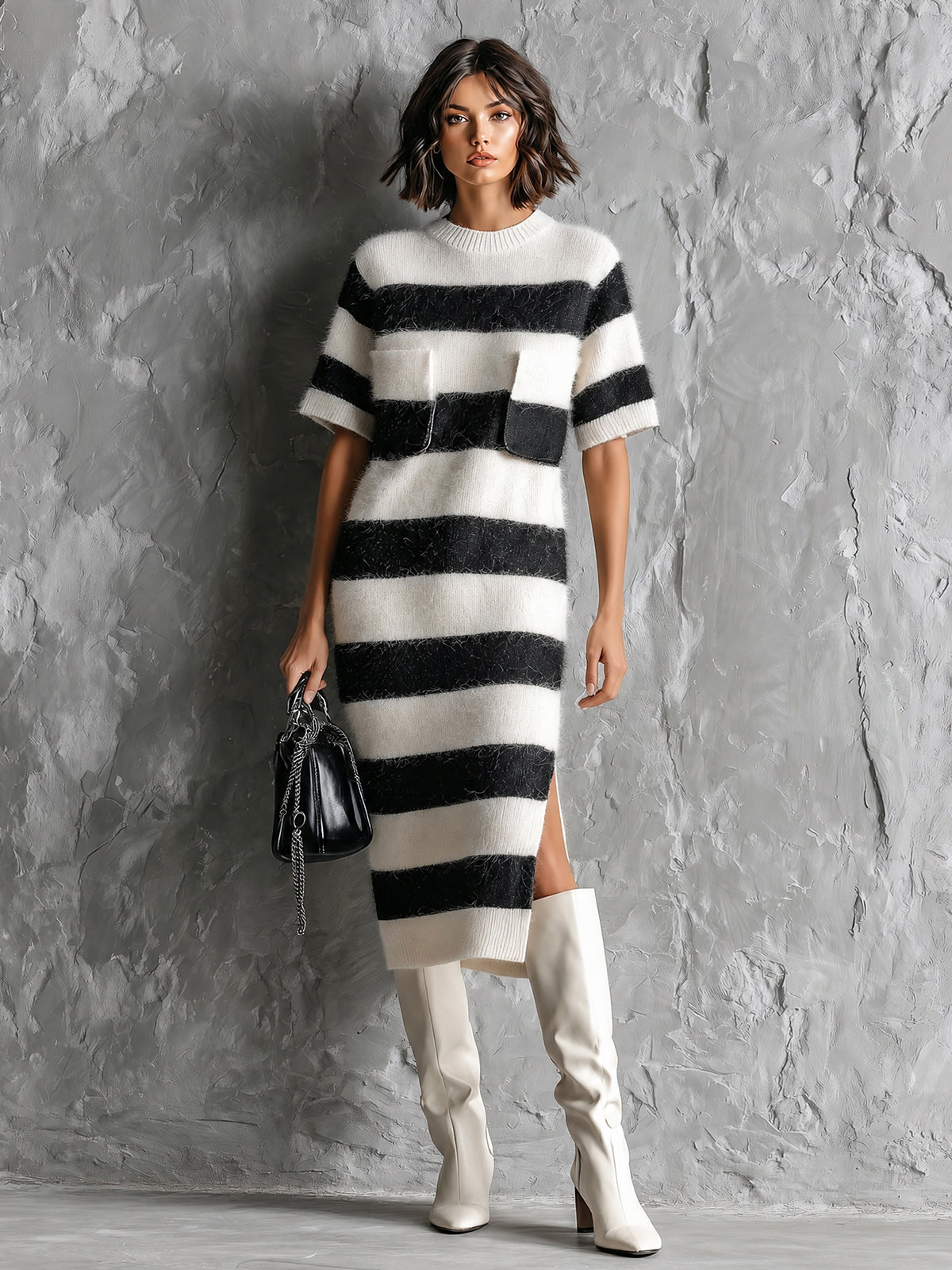 ElevenOra Chic Elegant White-Black Colorblock Stripes Round-Neck Short-Sleeve Patch Pockets Loose-Fit Side Slit Mohair Blend Knit Midi Dress