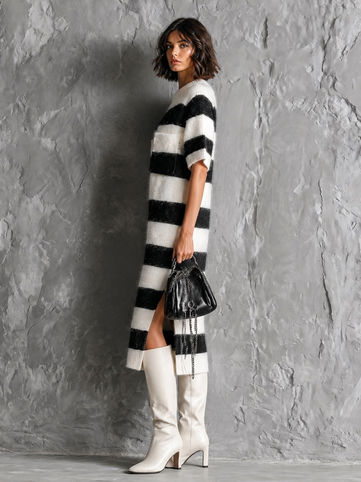 ElevenOra Chic Elegant White-Black Colorblock Stripes Round-Neck Short-Sleeve Patch Pockets Loose-Fit Side Slit Mohair Blend Knit Midi Dress