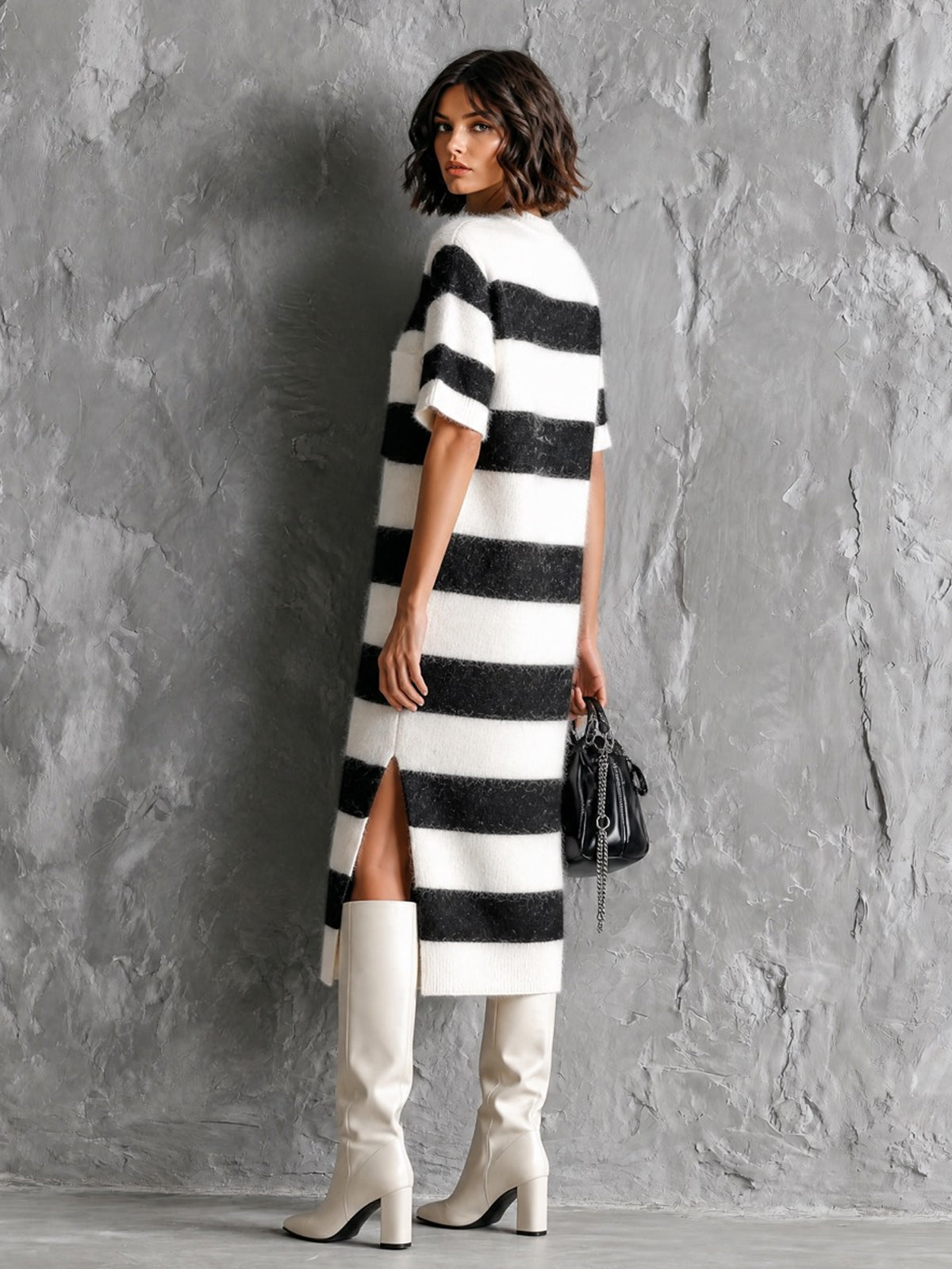 ElevenOra Chic Elegant White-Black Colorblock Stripes Round-Neck Short-Sleeve Patch Pockets Loose-Fit Side Slit Mohair Blend Knit Midi Dress