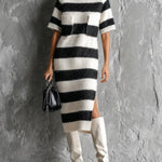 ElevenOra Chic Elegant White-Black Colorblock Stripes Round-Neck Short-Sleeve Patch Pockets Loose-Fit Side Slit Mohair Blend Knit Midi Dress